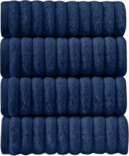 Elegant Comfort Luxury 100% Turkish Cotton Corduroy Ribbed 4 Pack Hand Towel Set 16 x 28 Inch - Absorbent, Super Soft, Quick Dry, Premium Towels for Bathroom, Gym, Spa and Hotel Use, Navy