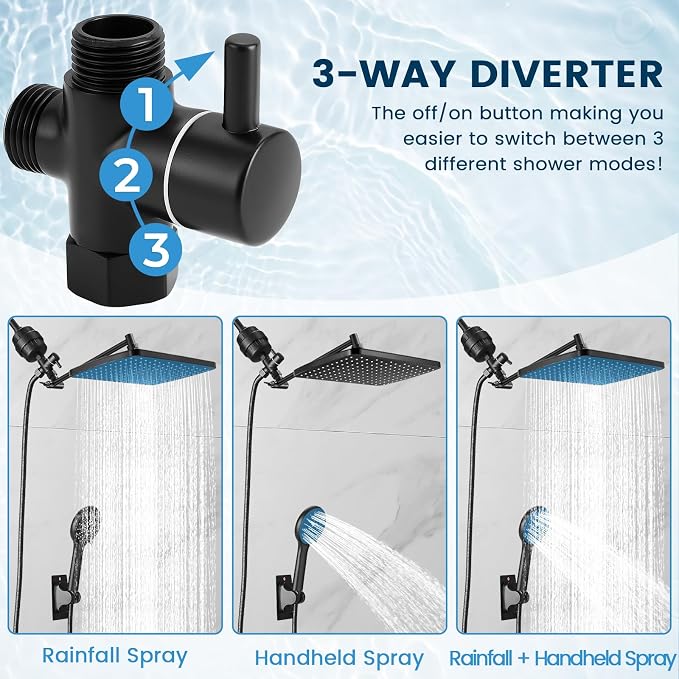 Shower Head with Handheld,High Pressure Black Filtered Shower Head | Rainfall Shower Head,11.8" Rectangular,Rain Shower Head,Dual Shower Head,Bathroom Decor,Metal Extension Arm,5 Spray Mode