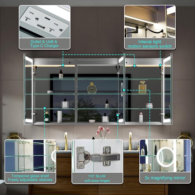 60" X 30" Bathroom Mirror Medicine Cabinet with 3X Magnification Makeup Mirror, LED Mirrored Cabinet, Bathroom Storage Mirror Cabinet, Recessed or Surface, Three Opening Doors