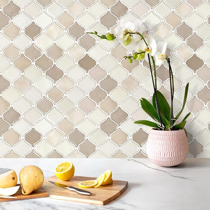 STICKGOO Arabesque Peel and Stick Backsplash, 12”X12” Backsplash Tile for Kitchen Peel and Stick, Self Adhesive Wall Tile Stick on Tiles (Brown Beige)