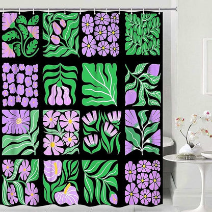 JAWO Purple Green Floral Shower Curtain for Women Girls, Vintage Abstract Boho Flower Bathroom Decor with Botanical Geometric Patterns, Retro Waterproof Fabric Shower Curtain Sets with Hooks, 47X64IN