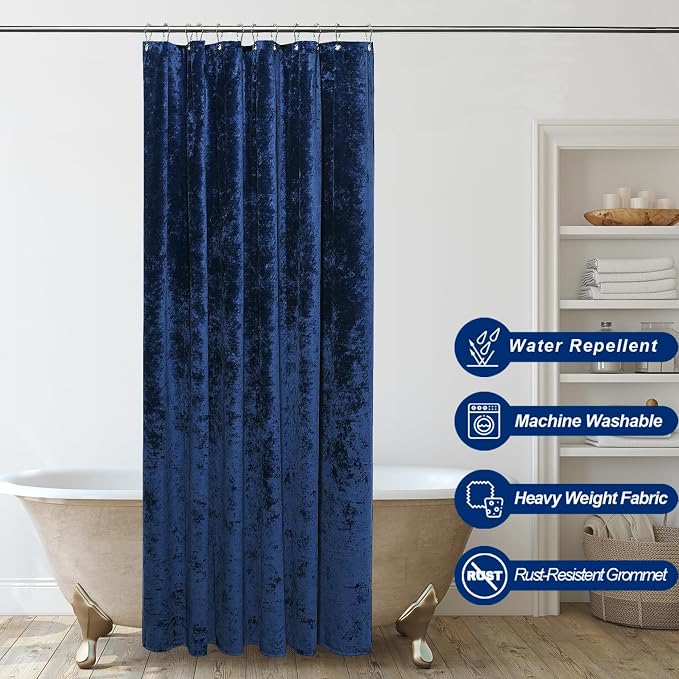 TAMGHO Crushed Velvet Shower Curtain, Navy Blue Shower Curtain Set with 12pc Polished Nickel Hooks, Machine Washable, Waterproof Lined Bathroom Curtain 72x72