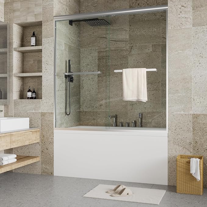 Double Sliding Tub Shower Door 56-60 Inch W× 59 Inch H Framed – Brushed Silver Aluminum Frame Bypass Door with 6mm Tempered Glass, Easy Clean Coating for Bathtub