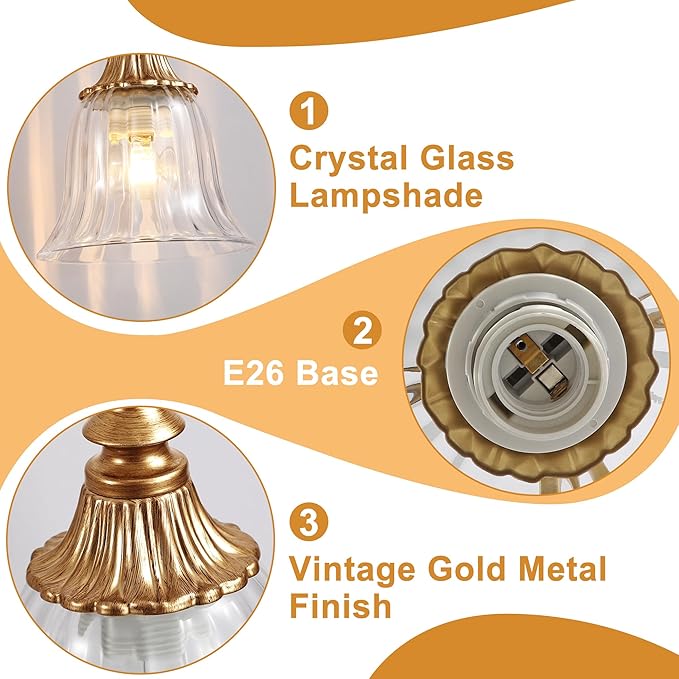 Bathroom Vanity Gold Light Fixture, 4 Lights Bathroom Lighting Matte Antique Brass Finish with Crystal Glass Shade, Gold Vintage Vanity Light for Bathrooms
