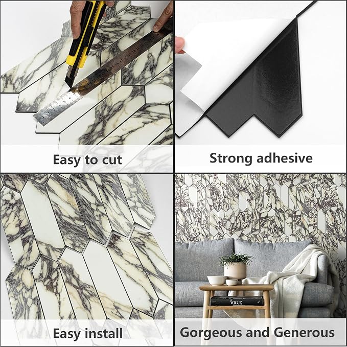 Vamos Tile Glossy Marble Purple Backsplash Tile Peel and Stick, 12.8 x 12.8 Inch 10 Sheets Long Hexagon PVC Self Adhesive Mosaic Wall Tiles Stick on Backsplash for Kitchen and Bathroom