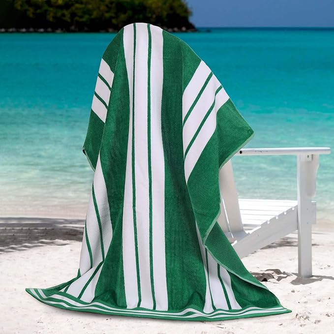 Superior Oversized Cotton Beach Towel Set of 6, Absorbent Towels for Bathroom, Beach, Pool, Swim, Adults, Kids, Vacation, Travel, Bath, Quick Dry Basics, Trip Essentials, Striped Decor, Dark Green
