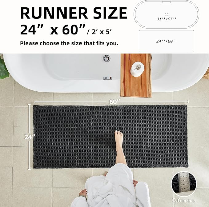 TYUU Black Waffle Runner Rug Bathroom, Long Boho Bath Mat, 60x24 | Super Absorbent Quick Dry Bath Rug, Non-Slip Backing, Soft Waffle Washable Farmhouse Bathroom Mats, Tub, Shower & Home Decor