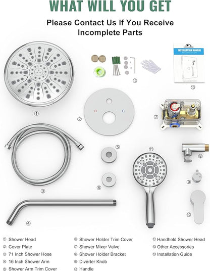 SunCleanse Rain Shower Faucet System - 8.5" Shower Head Combo with 7-Setting handheld Spray Complete Shower Set - Rainfall Shower Fixture with Valve and Trim Kit for Luxury Bathroom Polished Chrome