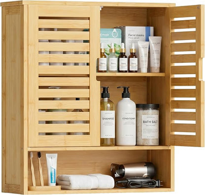 SMIBUY Bathroom Cabinet Wall Mounted, Bamboo Over-The-Toilet Storage Organizer, Space Saver Medicine Cabinet with 2 Door and Adjustable Shelves (Natural)