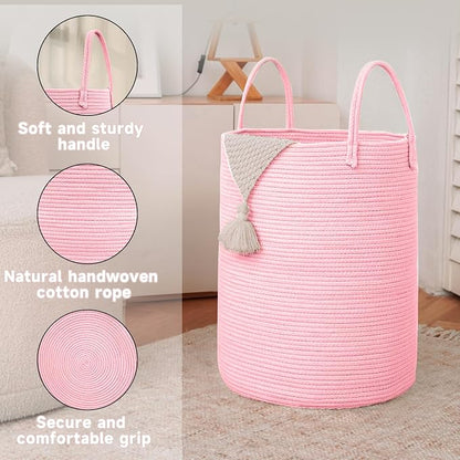 JMvicyroam 100L Cotton Rope Laundry Basket Hamper, Pink | Collapsible laundry basket, reinforced handles, freestanding, machine washable, holds 3-5 thick blankets, clothes or toys