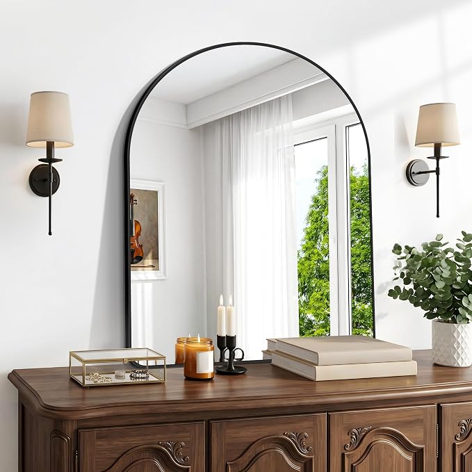 BONEWEI Arched Wall Mirror,30x36 inch Black Arched Mirror Bathroom,Vanity Mirror for Over Sink Metal Frame,Tempered Glass Arch Mirrors for Bedroom,Entryway,Living Room,Home Decor Shatter-Proof