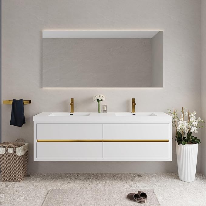 Abruzzo 72" Glossy White Wall-Mounted Bathroom Vanity with Double Sink – Stone Resin Countertop & Soft-Close Drawers, Waterproof Wood Cabinet for Bathrooms