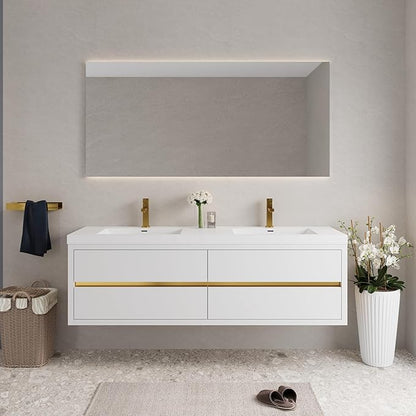 Abruzzo 72" Glossy White Wall-Mounted Bathroom Vanity with Double Sink – Stone Resin Countertop & Soft-Close Drawers, Waterproof Wood Cabinet for Bathrooms