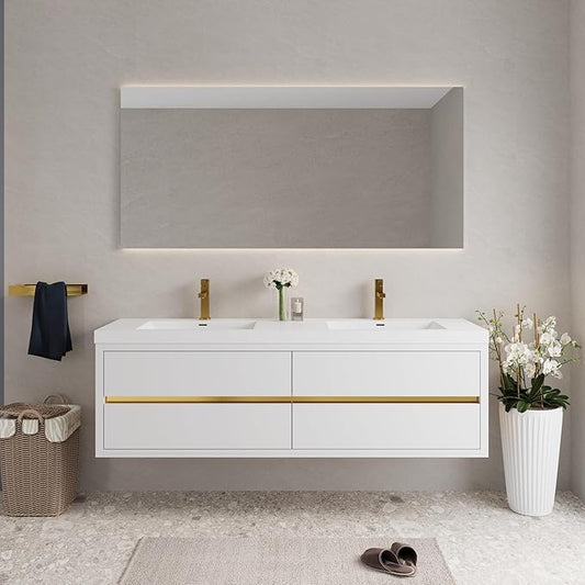 Abruzzo 72" Glossy White Wall-Mounted Bathroom Vanity with Double Sink – Stone Resin Countertop & Soft-Close Drawers, Waterproof Wood Cabinet for Bathrooms