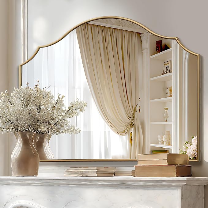 Besdomus Gold Scalloped Wall Mirror: 40"x29" Large Wooden Bathroom Mirror | Modern Minimalist Decorative Arched Mirror for Vanity/Dresser/Bedroom/Entryway/Fireplace/Living Room/Dining Room/Over Sink
