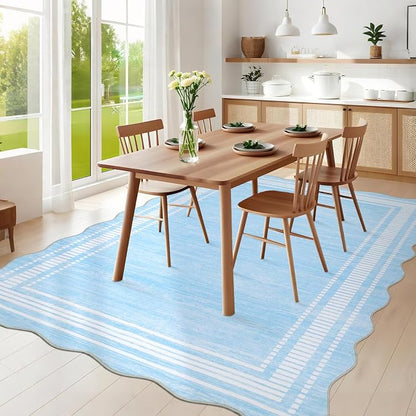 Garvee Washable Rug 8x10 Blue Girls Rugs for Bedroom Soft Rugs | Non Slip Low Pile Solid Neutral Soft Carpet, Modern Scalloped Pattern, Faux Wool Floor Mats for Dining Room Home Office