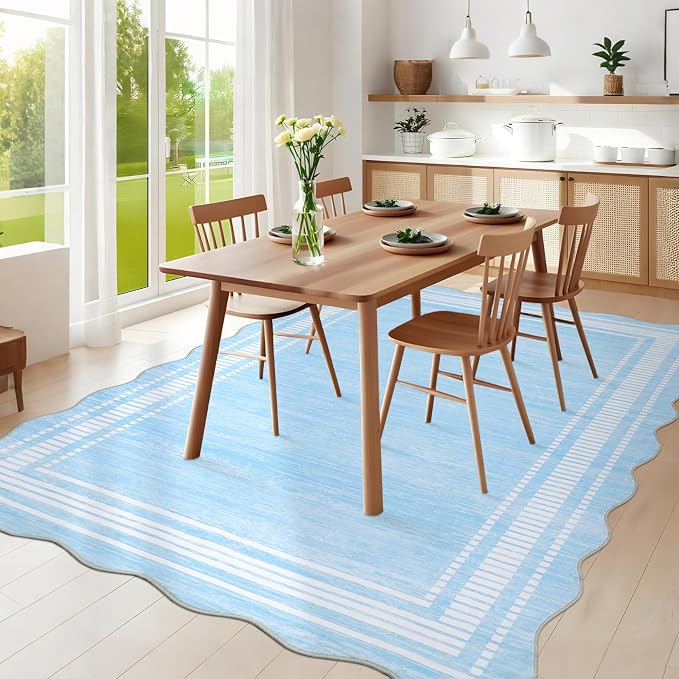 GarveeHome Washable Scalloped Rug 8x10 Rugs for Living Room Stain Resistant 8x11 Area Rugs for Bedroom, Non Slip Solid Printed Large Rug for Under Table Farmhouse Nursery Home Office Dorm, Blue