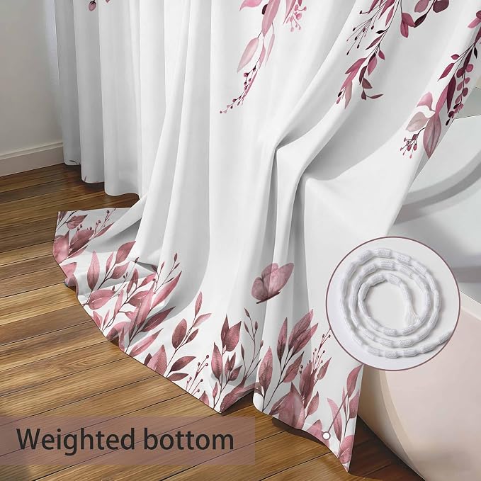 Dark Red Floral Eucalyptus Shower Curtain with Hooks, 72x78 Inch | Waterproof Fabric, Watercolor Leaves and Floral, Botanical Style, Machine Washable, Quick-Drying, for Hotel Bathroom