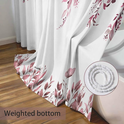 Dark Red Floral Eucalyptus Shower Curtain with Hooks, 72x72 Inch | Waterproof Fabric, Watercolor Leaves and Floral, Botanical Style, Machine Washable, Quick-Drying, for Hotel Bathroom