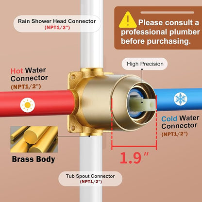Tub Shower Faucet, Brushed Gold Shower Faucet Set with 8-Inch All-Metal Rainfall Showerhead and Bathtub Spout, Single-Handle Tub Shower-Trim Kit Included Valve, Brushed Gold