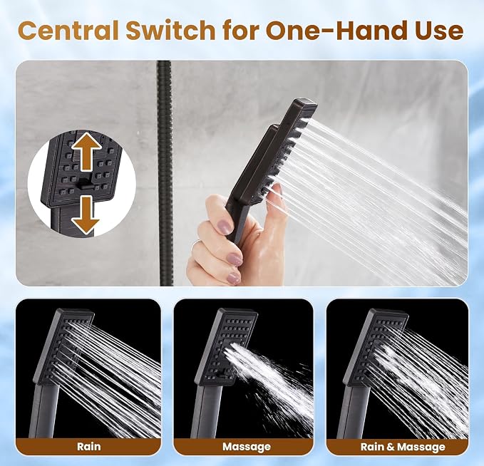 BRIGHT SHOWERS Rain Shower Head with Handheld Spray, 8 Inch Rainfall Shower Head Combo with 60" Hose, Adjustable Dual Square Showerhead Set with 3-Way Diverter, Wall Bracket, Oil-Rubbed Bronze
