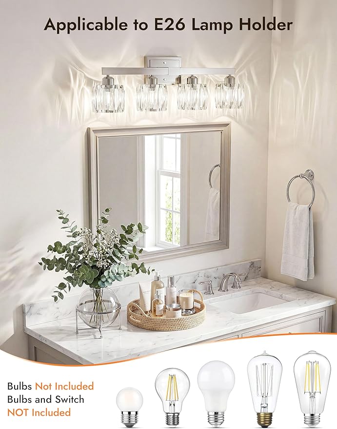 VOLISUN Crystal Vanity Lights for Bathroom, 4 Light Bathroom Vanity Light, Modern Stainless Steel Bathrooms Lights Over Mirror, Chrome Bathrooms Lights Fixtures-UL Certificated(Exclude Bulb)