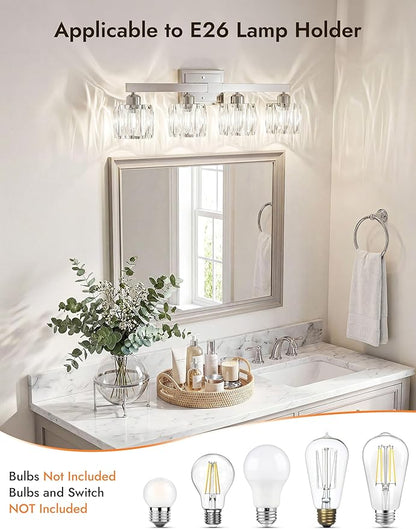 VOLISUN Crystal Vanity Lights for Bathroom, 4 Light Bathroom Vanity Light, Modern Stainless Steel Bathrooms Lights Over Mirror, Chrome Bathrooms Lights Fixtures-UL Certificated(Exclude Bulb)