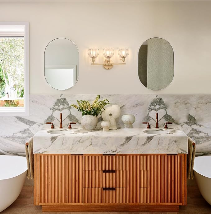 Shenmoyl Bathroom Light Fixtures, 3-Light Brass Vanity wall Light Over Mirror with Clear Tulip Glass Shade for Bedroom Living Room (Bulb Not Included)