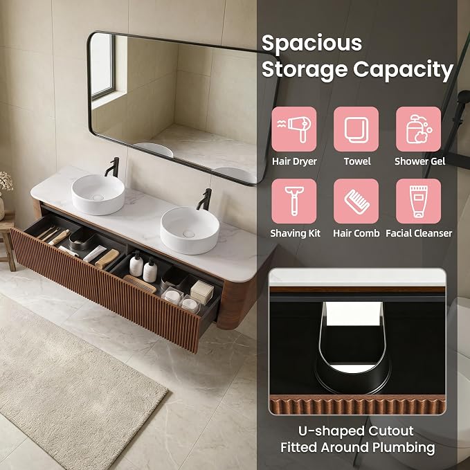 72" Floating Bathroom Vanity with Double White Vessel Sink, Walnut | Pre-Assembled Fluted Wall Mounted Vanity with Ceramic Sink, Sintered Stone Countertop, Soft-Close Drawer & Towel Rack