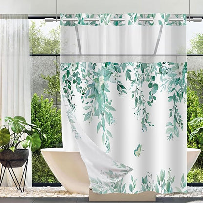 No Hook Shower Curtain and Liner Set, Teal Eucalyptus 71x74 | Floral Design, with Snap in Liner, Waterproof, Machine Washable, Quick-Drying, for Hotel Bathroom