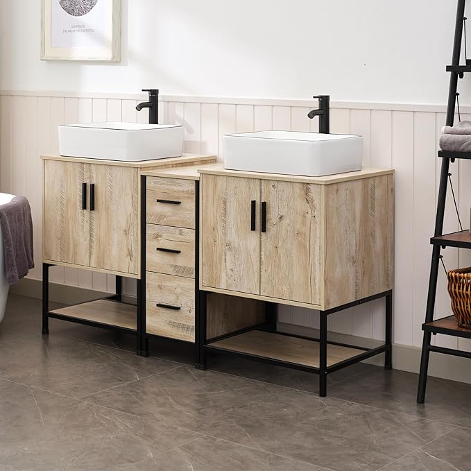 UEV Rustic 60" Double Sink Bathroom Vanity with Sink Combo,Industrial Iron Frame Bathroom Cabinet Sets with Middle 3 Drawers Cabinet (Rustic Oak, 031WH)