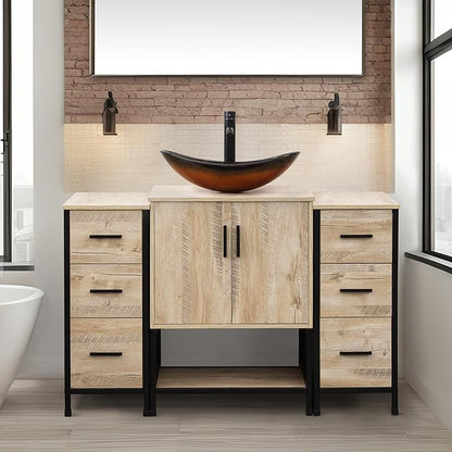 UEV 48" Rustic Oak Bathroom Vanity with Sink Combo,Industrial Iron Frame Bathroom Cabinet Sets with Double 3 Drawers Side Cabinet,Modern Brown Boat Tempered Glass Vessel Sink(029BR)