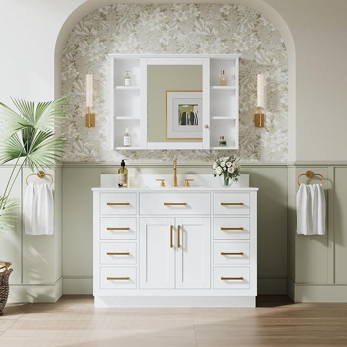 48-Inch Bathroom Vanity with Sink W/ 2 Doors & 8 Drawers & 1 Flip Drawer, White Vanity W/Brushed Gold Handles