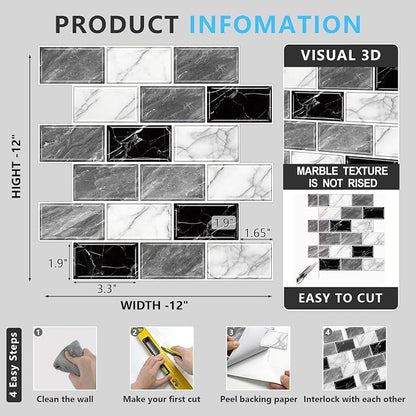 URCOLOR 10-Sheet Peel and Stick Backsplash Tile Sticker for Kitchen,12"x12" Self Adhesive Subway Wall Tiles Stick on Back Splashes for Bathroom White Gray Black White Marble Design
