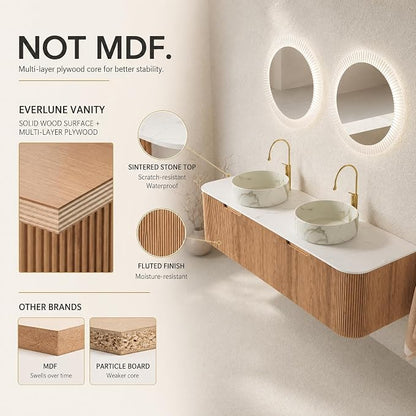 60 Inch Double Sink Bathroom Vanity, Floating Wall Mounted Cabinet, Natural Woodgrain Curved Fluted Front, Stone Top, Dual Marble-Look Round Vessel Basins, Pre-Assembled