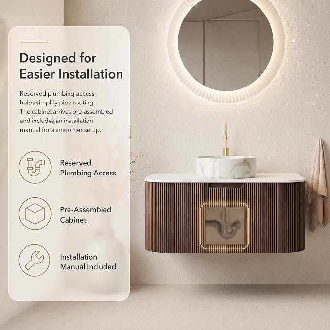 36 Inch Bathroom Vanity with Sink, Floating Wall Mounted Single Sink Vanity, Dark Walnut Curved Fluted Front, Stone Top, Marble-Look Round Vessel Basin, Pre-Assembled