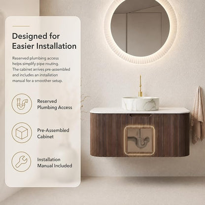 36 Inch Bathroom Vanity with Sink, Floating Wall Mounted Single Sink Vanity, Dark Walnut Curved Fluted Front, Stone Top, Marble-Look Round Vessel Basin, Pre-Assembled