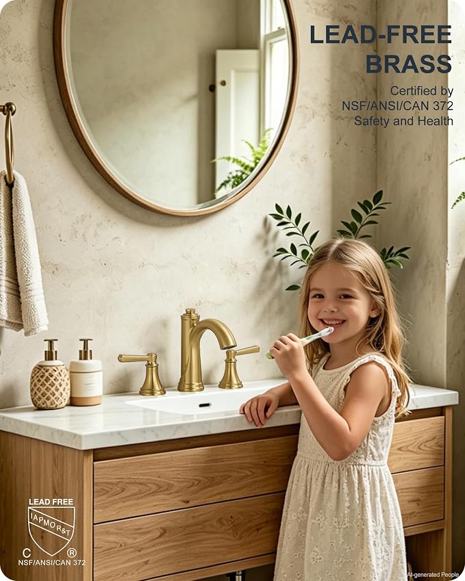 Bathroom Sink Faucet 3 Hole, 8 Inch Gold Bathroom Faucet with Drain | Lead-Free Brass, Widespread 2 Handles, Pre-installed cUPC Supply Hoses, For Rv Lavatory Restroom Vanity, 10 Mins Installation