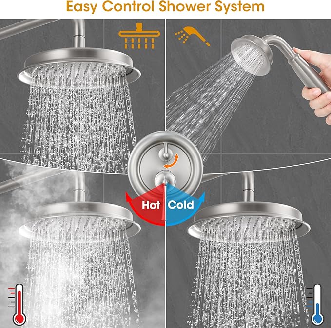 Antique Shower Head with Handheld Spray Combo, Brushed Nickel Rain Shower System with Rough-in Balance Pressure Valve, 9 inch Bathroom Luxury Rain Fall Shower Head Wall Mount Round, (B2312-BN)