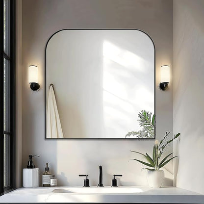 30"x30" Black Metal Framed Bathroom Mirror for Over Sink | Rounded rectangle shape. Shatterproof HD glass, all mounting hardware for bathroom, bedroom, entryway.