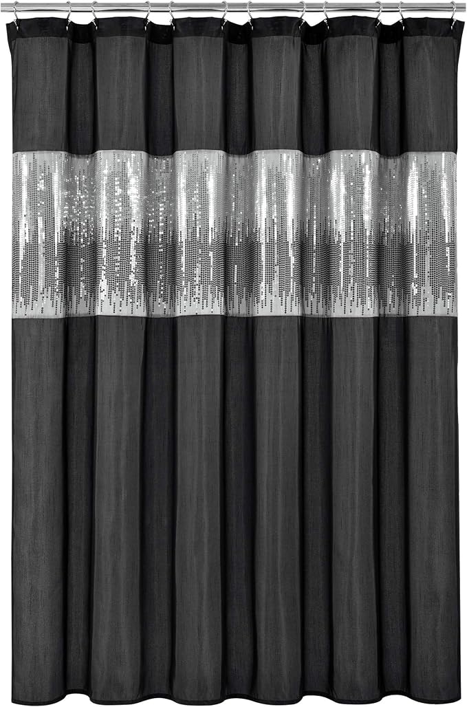 Lush Decor Night Sky Shower Curtain, Single, 72" W x 72" L, Black - Sequin Shower Curtain - Sparkly Color Block Bath Curtain - Modern Glam Bathroom Decor