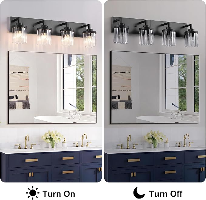 4-Light Black Bathroom Vanity Light, Crystal Glass Shades | Modern Wall Lighting Fixtures Over Mirror, for Bathroom, Matte Black Finish, Rust-resistant Metal, Farmhouse Industrial Style