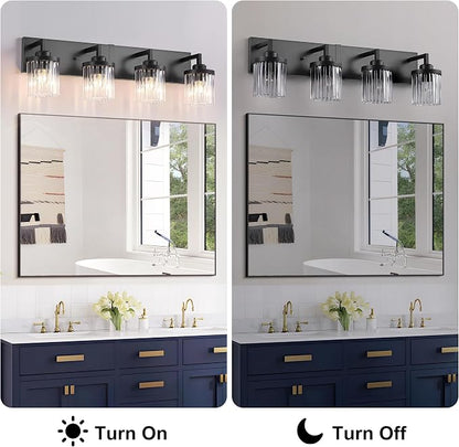 4-Light Black Bathroom Vanity Light, Crystal Glass Shades | Modern Wall Lighting Fixtures Over Mirror, for Bathroom, Matte Black Finish, Rust-resistant Metal, Farmhouse Industrial Style