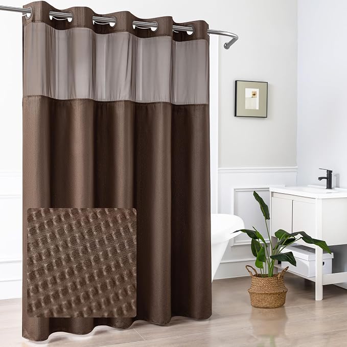 No Hook Shower Curtain with Snap-in Liner, Embossed Waffle Design Fabric Shower Curtain for Bathroom, Soft & Lightweight, 71x74, Chocolate