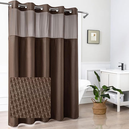 No Hook Shower Curtain with Snap-in Liner, Embossed Waffle Design Fabric Shower Curtain for Bathroom, Soft & Lightweight, 71x74, Chocolate