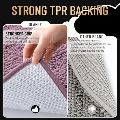 OLANLY Thick Bathroom Rugs 30x20, Chenille Striped Bath Rugs, Deep Plum | Rubber Backing, Machine Wash, Extra Soft Absorbent Bath Mats for Bathroom Floor, Tub and Shower, Home Decor Accessories