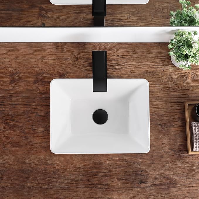 Bathroom Vessel Sink 15.5'' x 11.9'' Small Semi Recessed Bathroom Sink Rectangular Drop In Sink with Overflow White Ceramic Modern Vessel Sinks for Bathroom