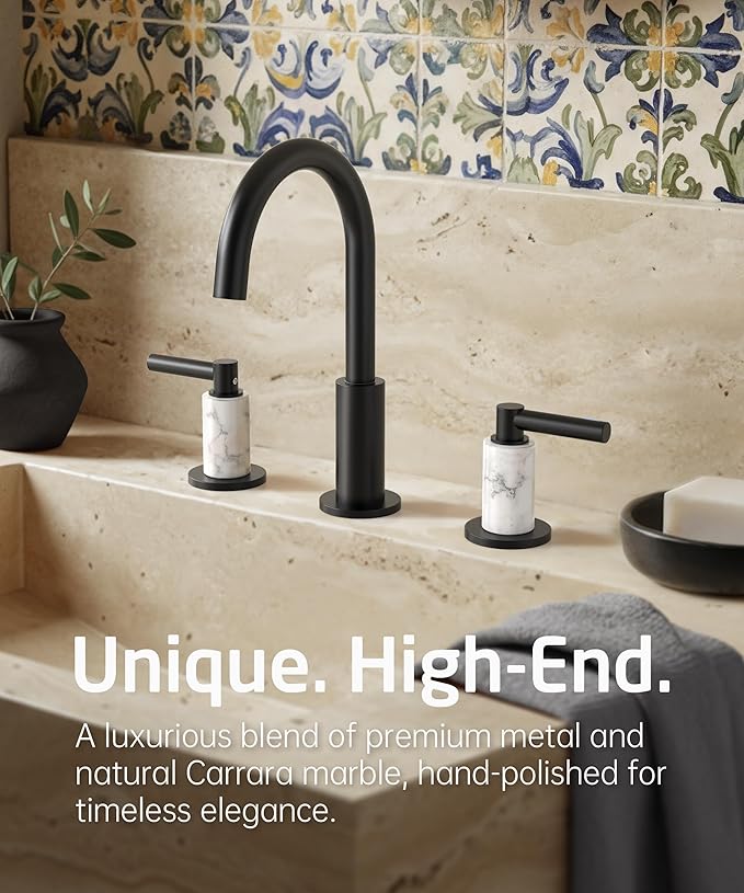 KES Natural Italian Carrara Marble Matte Black Bathroom Faucet 3 Hole with All Metal Pop Up Sink Drain, 8 Inch Widespread Bathroom Sink Faucet for Vanity, 360° Swivel Spout, 18/8 Stainless Steel