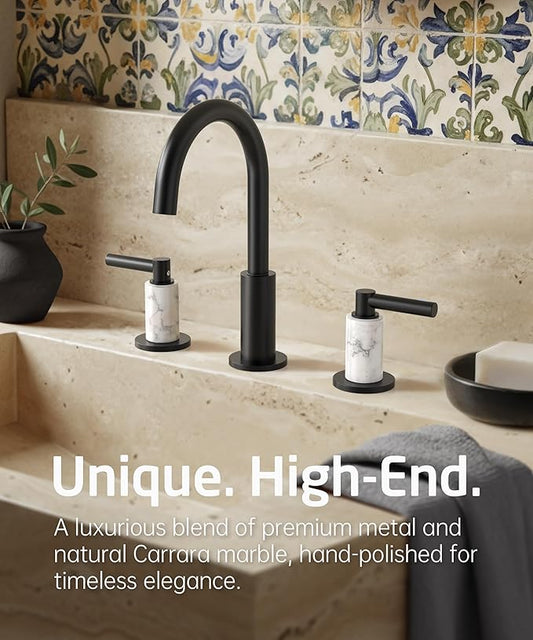 KES Natural Italian Carrara Marble Matte Black Bathroom Faucet 3 Hole with All Metal Pop Up Sink Drain, 8 Inch Widespread Bathroom Sink Faucet for Vanity, 360° Swivel Spout, 18/8 Stainless Steel