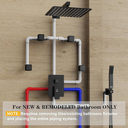 Shower System 12IN Modern Rain Brass Faucet Set With Valve and Diverter Shower Mixer With Handheld High Pressure Square Rainfall Shower Valve (12'' Wall Mount 4 Body Jet, Matte Black)